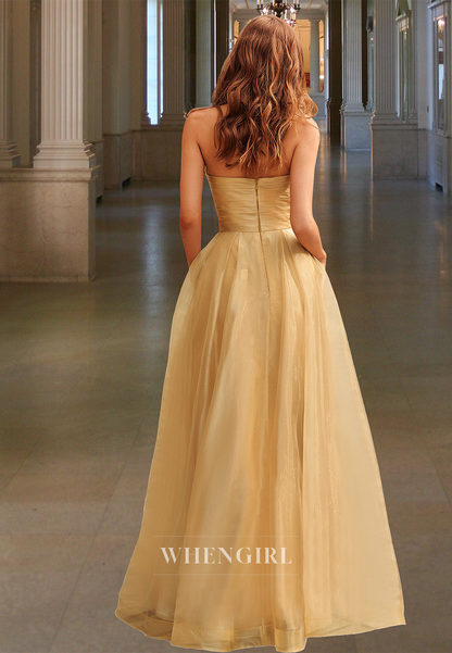 Elegant A-Line Tube Top Sleeveless Ruched Tulle Long Party Prom Dress with Bows