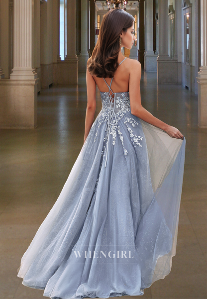 Sweetheart Spaghetti Straps Appliques Lace A-Line Prom Dress with Slit Party Gown