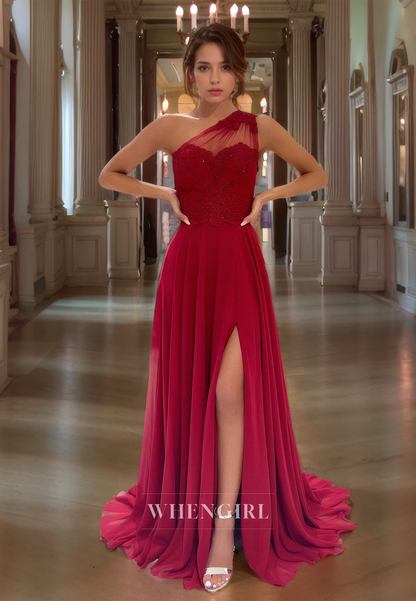 A-Line One Shoulder Sleeveless Appliques Long Prom Dress with High Side Slit and Train