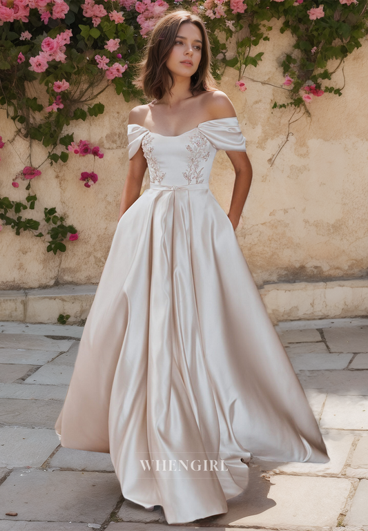 Off-Shoulder A-Line Wedding Dress Sleeveless Floor-Length Appliques Pleated Satin Bridal Gowns with Beads