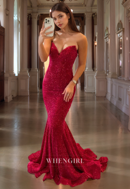 Mermaid Strapless Sleeveless Fully Sequins Long Prom Dress with Train