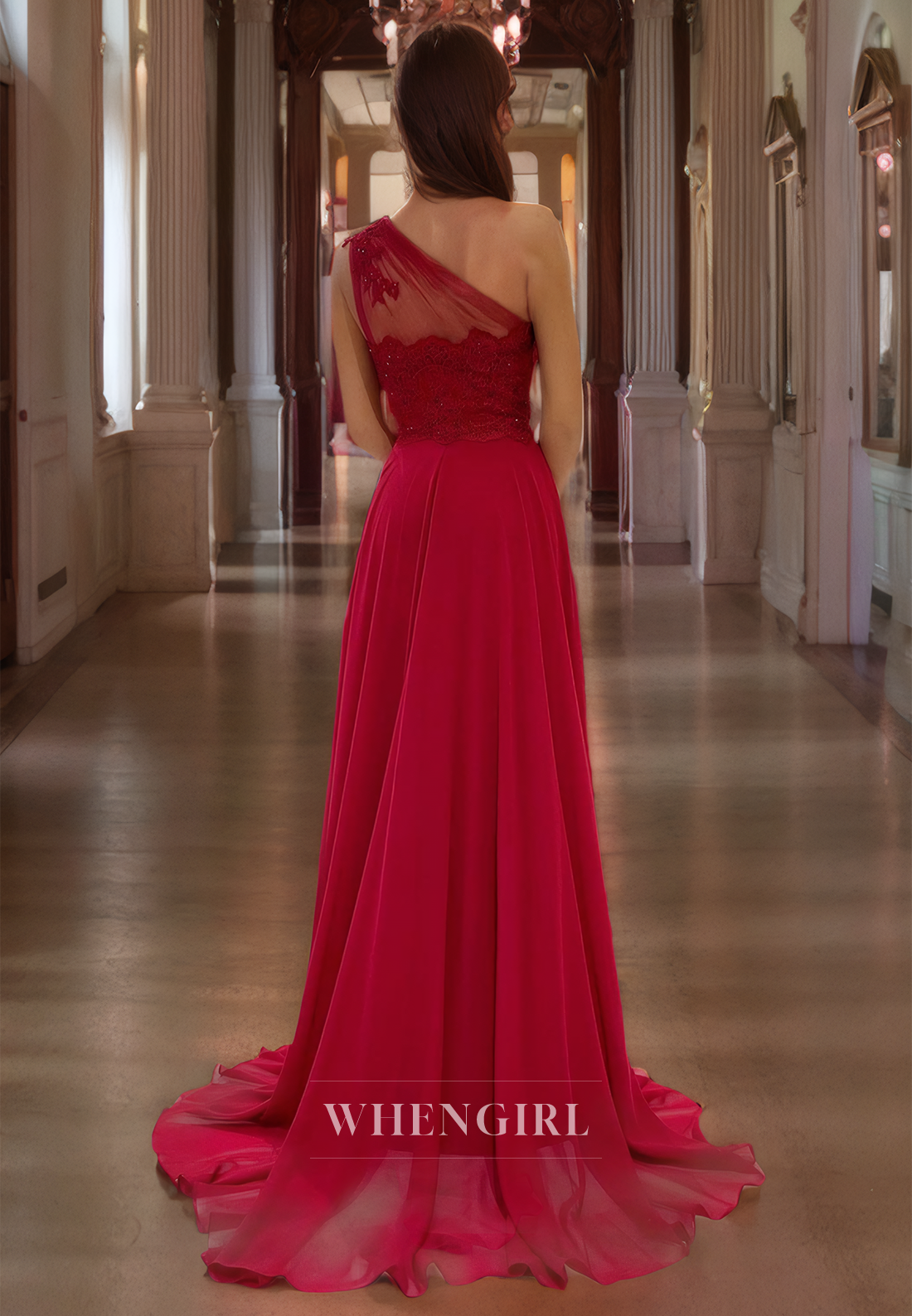 A-Line One Shoulder Sleeveless Appliques Long Prom Dress with High Side Slit and Train