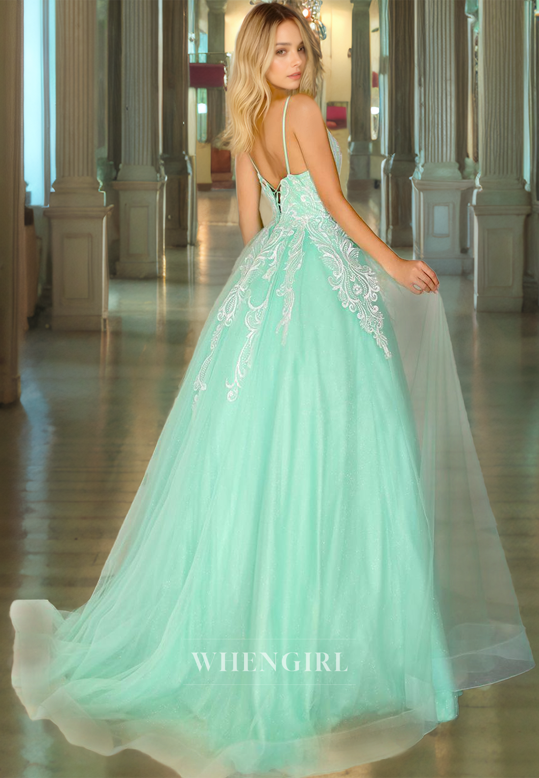 A-Line V Neck Straps Sleeveless Appliques Long Prom Dress with Train