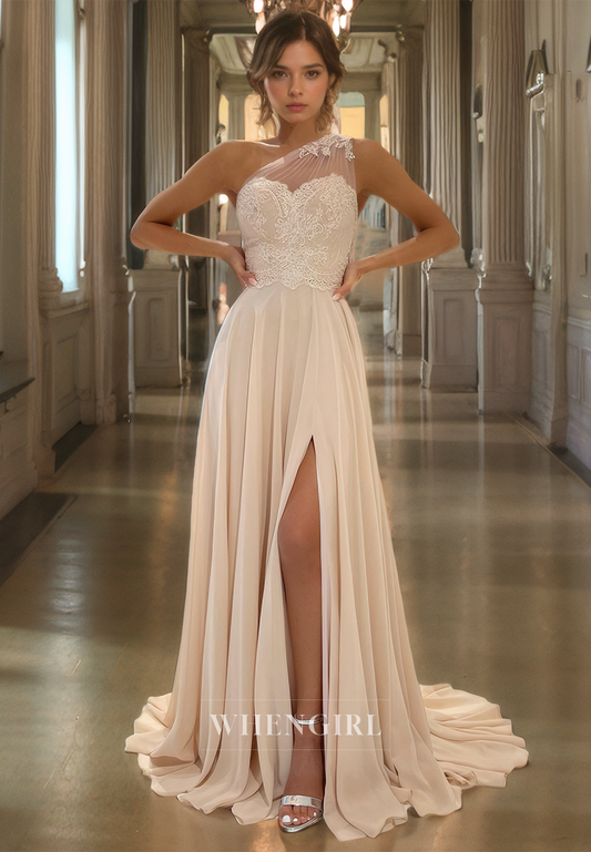 A-Line One Shoulder Sleeveless Appliques Long Prom Dress with High Side Slit