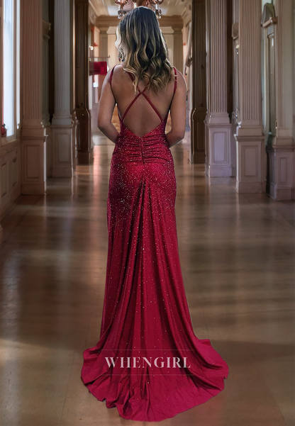 Sheath Strapless Straps Sleeveless Pleated Glitter Long Prom Dress with High Side Slit and Train