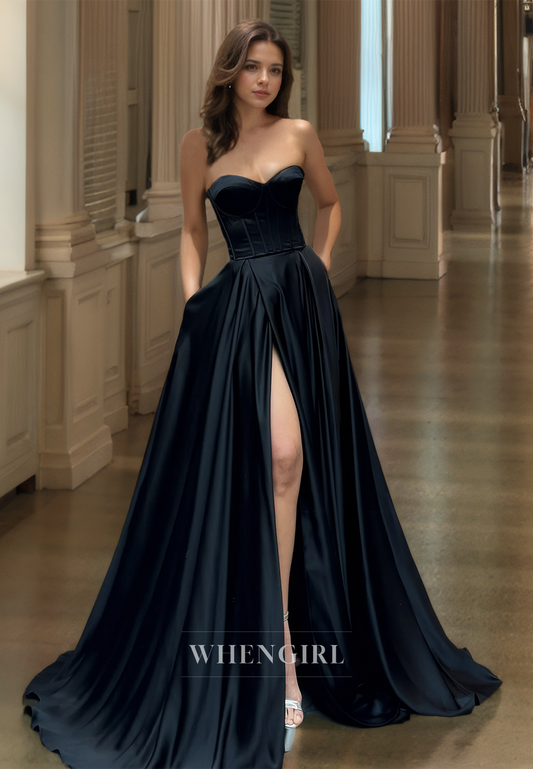 A-Line Sweetheart Sleeveless Stripe Sweep Train Pleated Satin Prom Dress with Slit Party Gown