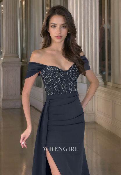 Beaded Off-Shoulder Sleeveless High Split Pleated Satin Party Prom Dress with Train