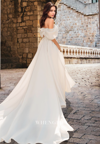 Elegant A-Line Off-Shoulder Sleeveless Stripe Appliques Satin Wedding Dress Bridal Gown with Train