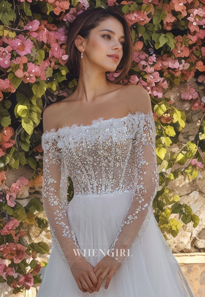 A-Line Off Shuolder Long Lace Sleeves Appliques Beaded Sequined Tulle Wedding Dress with Train