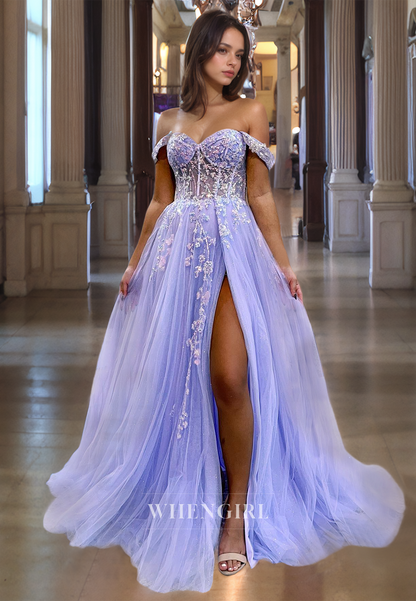 A-Line Off Shoulder Sleeveles Appliques Beaded Long Prom Dress with Train