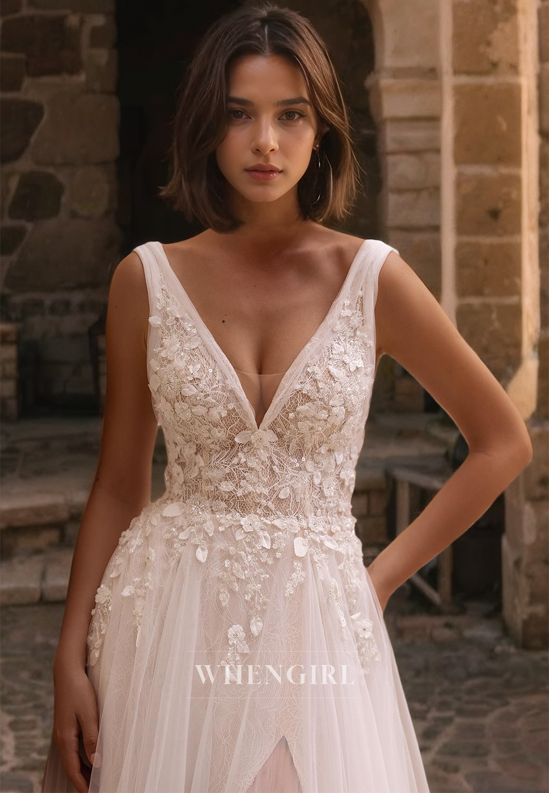 A-Line V Neck Straps Sleeveless Appliques Tulle Wedding Dress with High Side Slit and Train