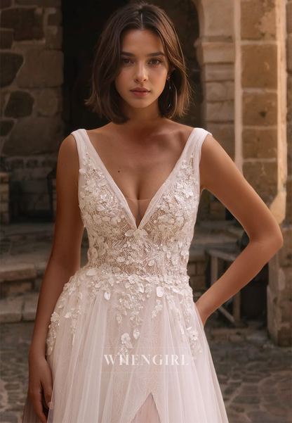 A-Line V Neck Straps Sleeveless Appliques Tulle Wedding Dress with High Side Slit and Train