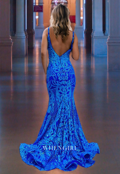 Mermaid V Neck Straps Sleeveless Back Zipper Long Prom Dress with Train