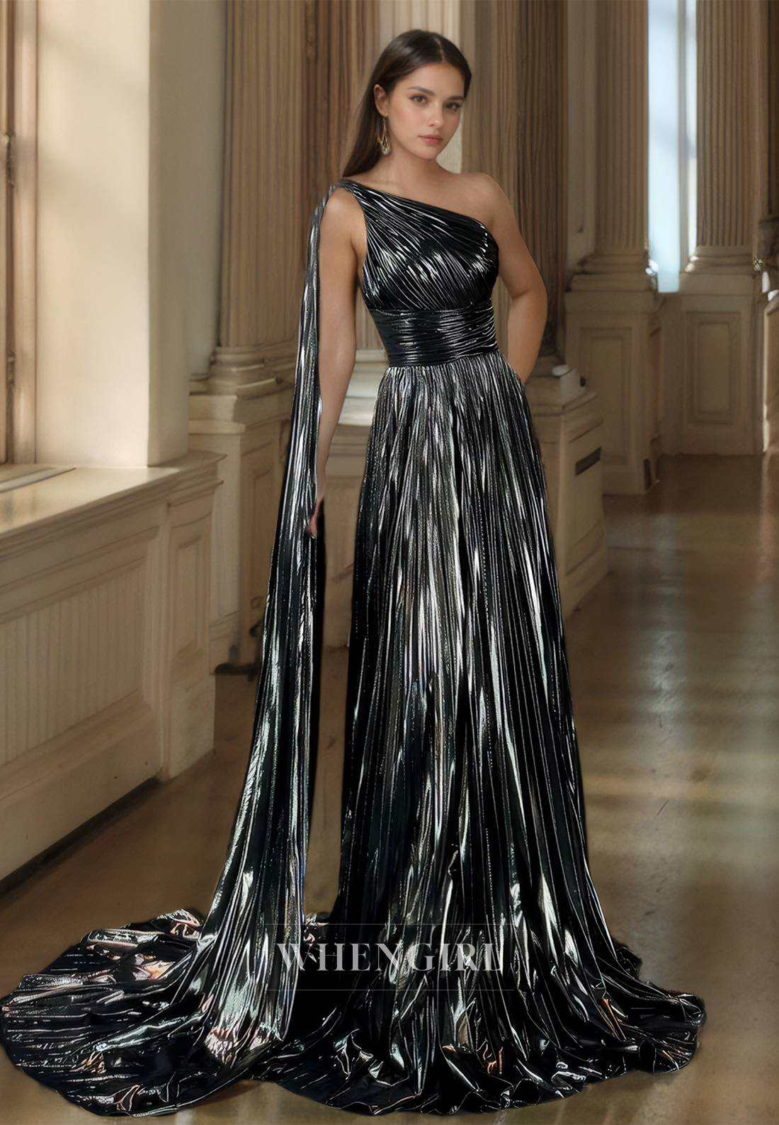 Striking One Shoulder Sleeveless A-Line Pleated Long Prom Formal Evening Dress with Train