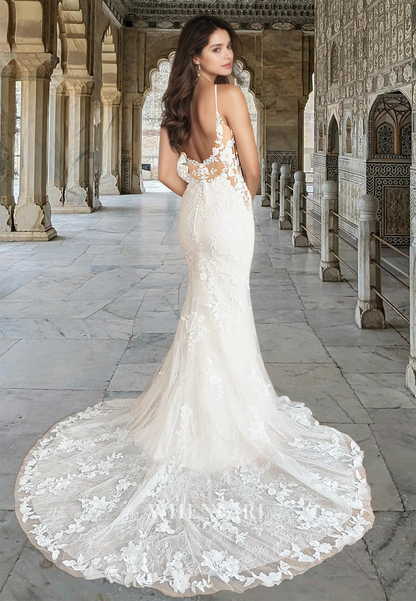 Spaghetti Straps V-Neck Mermaid Lace Beach Wedding Dress Boho Gown with Appliques