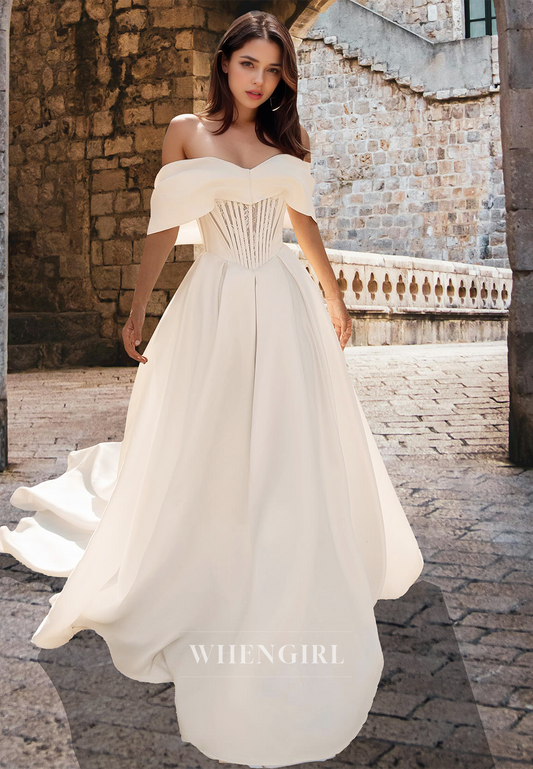 Elegant A-Line Off-Shoulder Sleeveless Stripe Appliques Satin Wedding Dress Bridal Gown with Train
