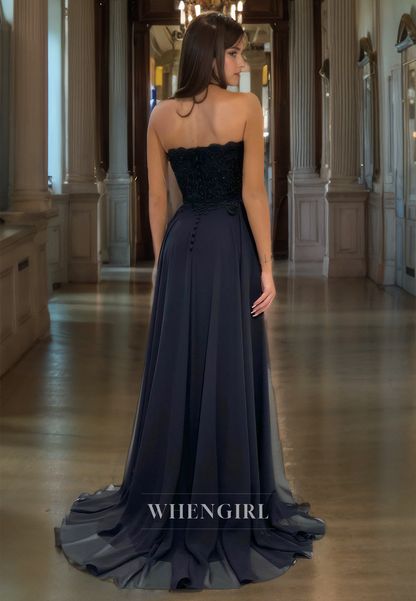 A-Line Strapless Sleeveless Appliques Long Black Prom Dress with High Side Slit