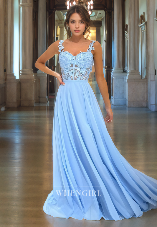 A-Line Strapless Sleeveless Straps Appliques Long Prom Dress with Train