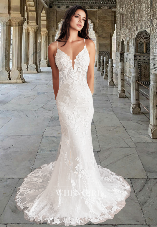 Spaghetti Straps V-Neck Mermaid Lace Beach Wedding Dress Boho Gown with Appliques
