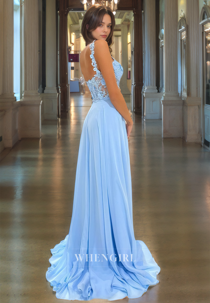 A-Line Strapless Sleeveless Straps Appliques Long Prom Dress with Train