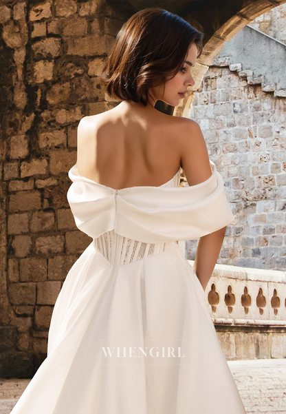 Elegant A-Line Off-Shoulder Sleeveless Stripe Appliques Satin Wedding Dress Bridal Gown with Train