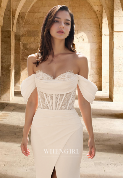 Simple Sweetheart Sleeveless High Slit Train Sheath Satin Wedding Dress Boho Gown with Appliques