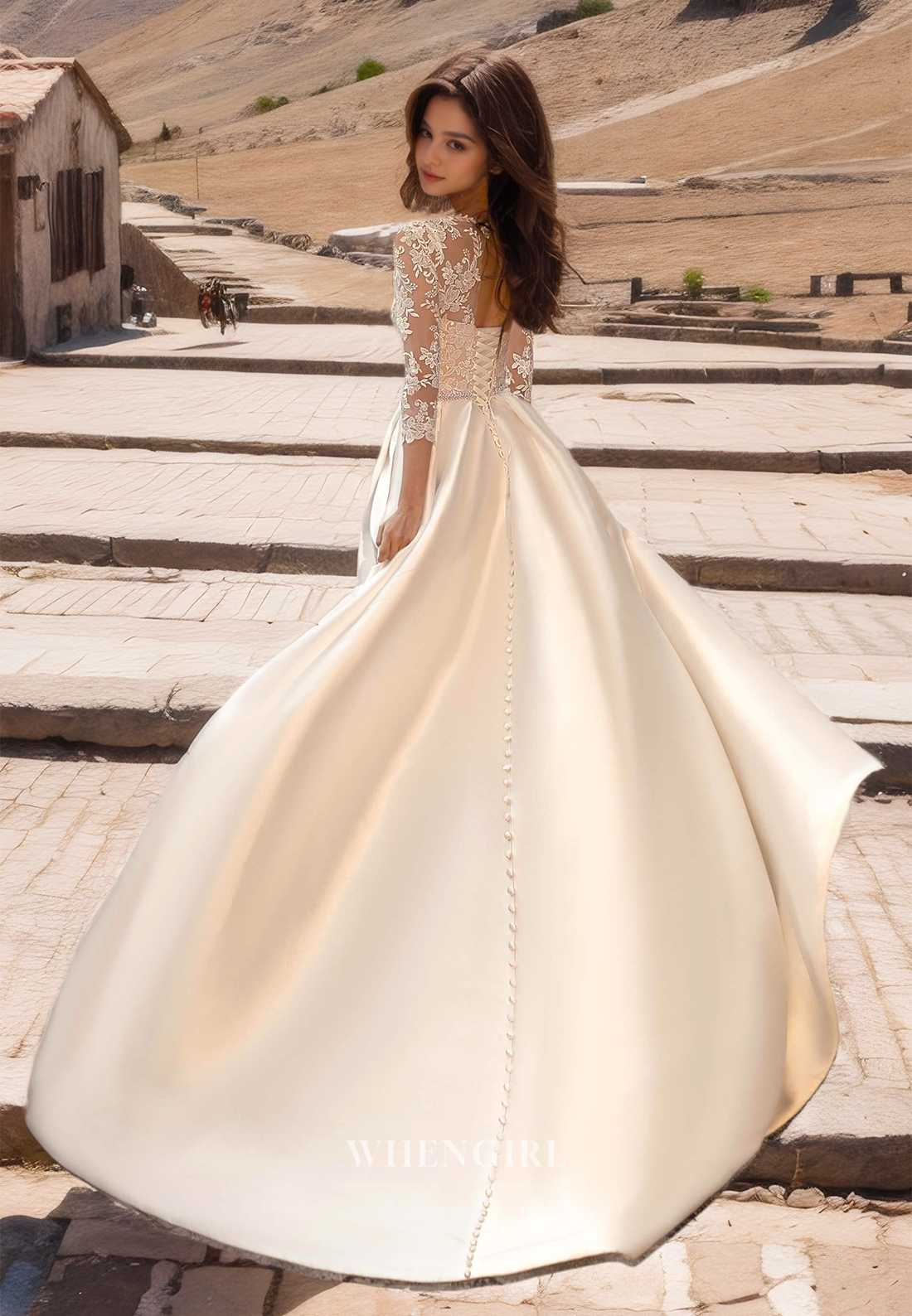 A-Line Scoop Neck Three Quarter Sleeves Pleated Satin Wedding Dress with Appliques Bridal Dress