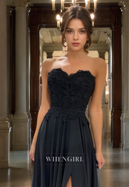 A-Line Strapless Sleeveless Appliques Long Black Prom Dress with High Side Slit