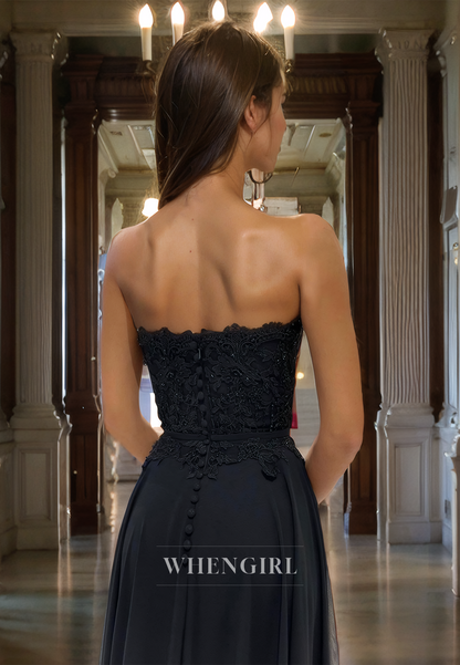 A-Line Strapless Sleeveless Appliques Long Black Prom Dress with High Side Slit