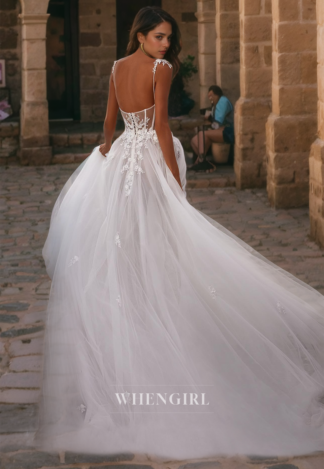 A-Line Strapless Straps Sleeveless Appliques Tulle Wedding Dress with High Side Slit and Train