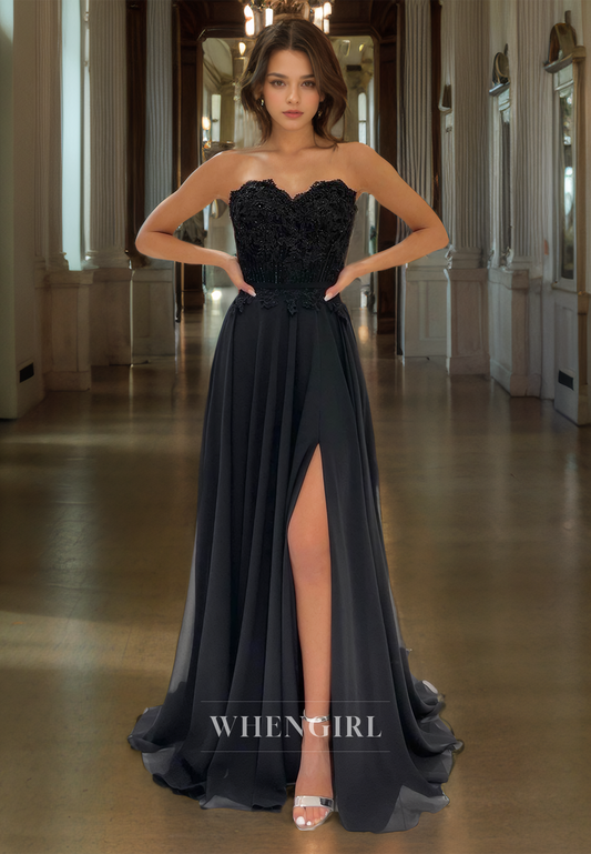 A-Line Strapless Sleeveless Appliques Long Black Prom Dress with High Side Slit