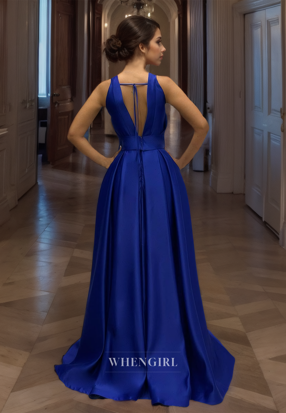 Halter Neck A-Line Sleeveless Floor-Length Ruched Satin Prom Dress with Cut Outs Evening Party Dress