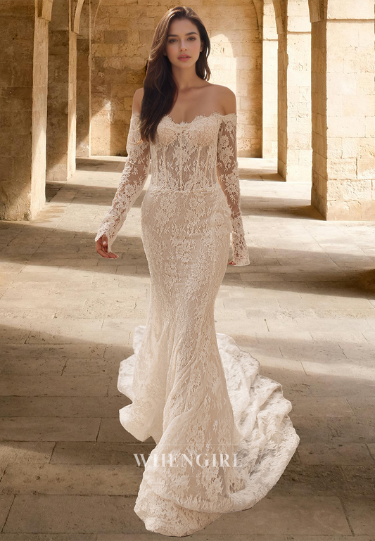Glamorous Long Sleeves Sweetheart Mermaid Lace Beach Wedding Bridal Gowns with Appliques