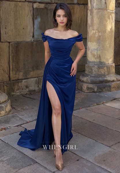 Sheath Off Shoulder Sleeveless Pleated Long Prom Dress with High Side Slit and Train