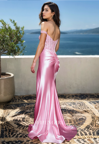 Off-Shoulder Sweetheart Sheath Sleeveless Slit Train Pleated Satin Prom Party Gowns with Appliques
