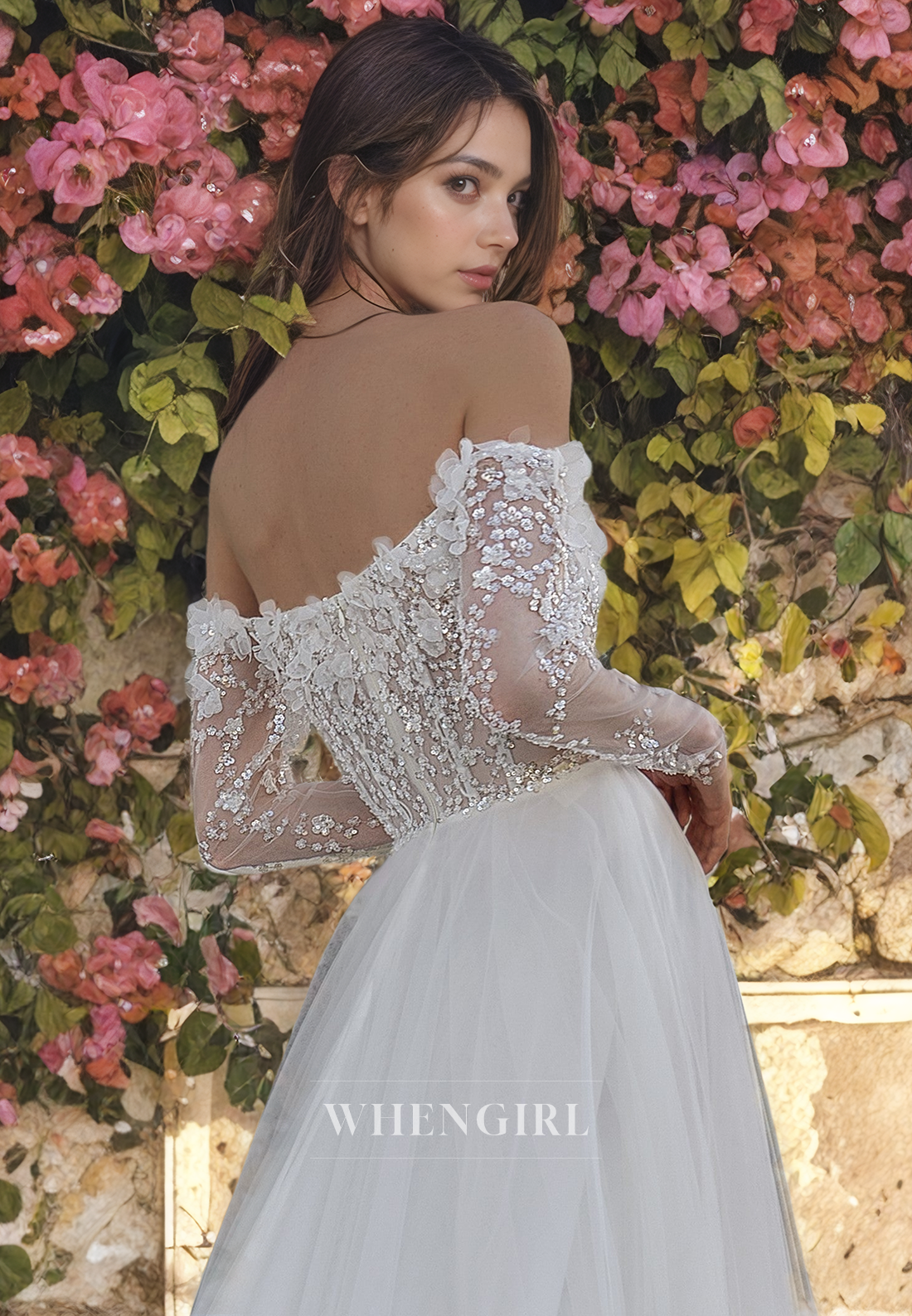 A-Line Off Shuolder Long Lace Sleeves Appliques Beaded Sequined Tulle Wedding Dress with Train