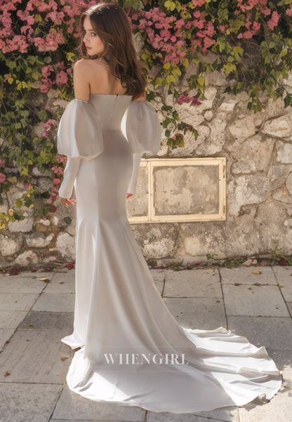 Sheath Strapless Long Lantern Sleeves Pleated Long Satin Wedding Dress with High Side Slit and Train