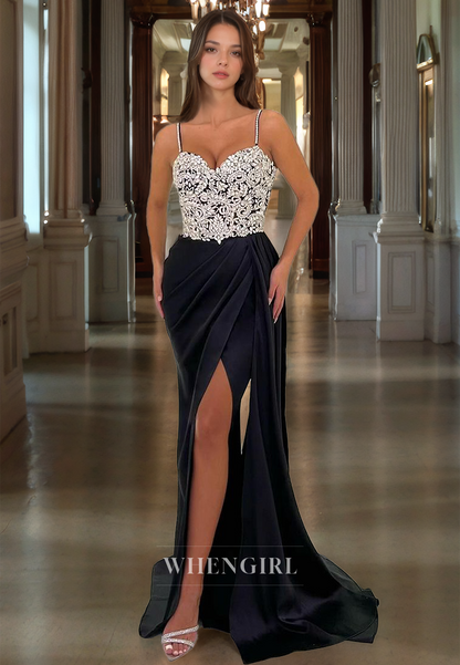 Sheath Strapless Straps Sleeveless Appliques Pleated Long Prom Dress with High Side Slit and Train