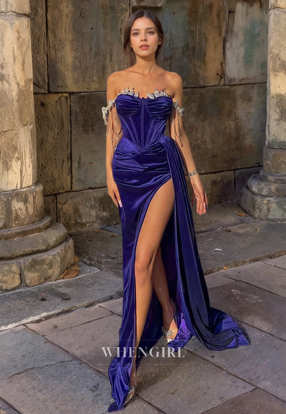 Sheath Off Shoulder Sleeveless Pleated Beaded Long Prom Dress with High Side Slit and Train