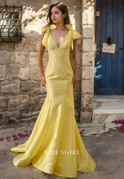 Glomaorous Beaded V-Neck Sleeveless Mermaid Sweep Train Party Prom Dress with Bows