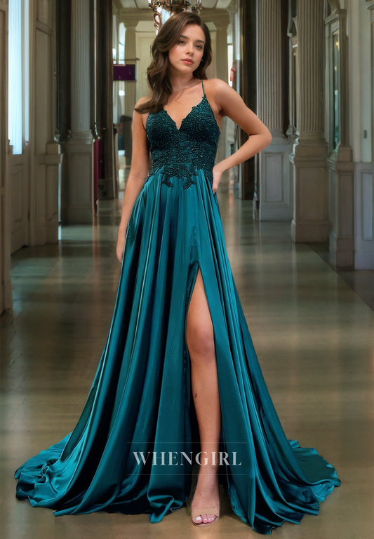 A-Line V Neck Straps Sleeveless Appliques Long Prom Dress with High Side Slit and Train