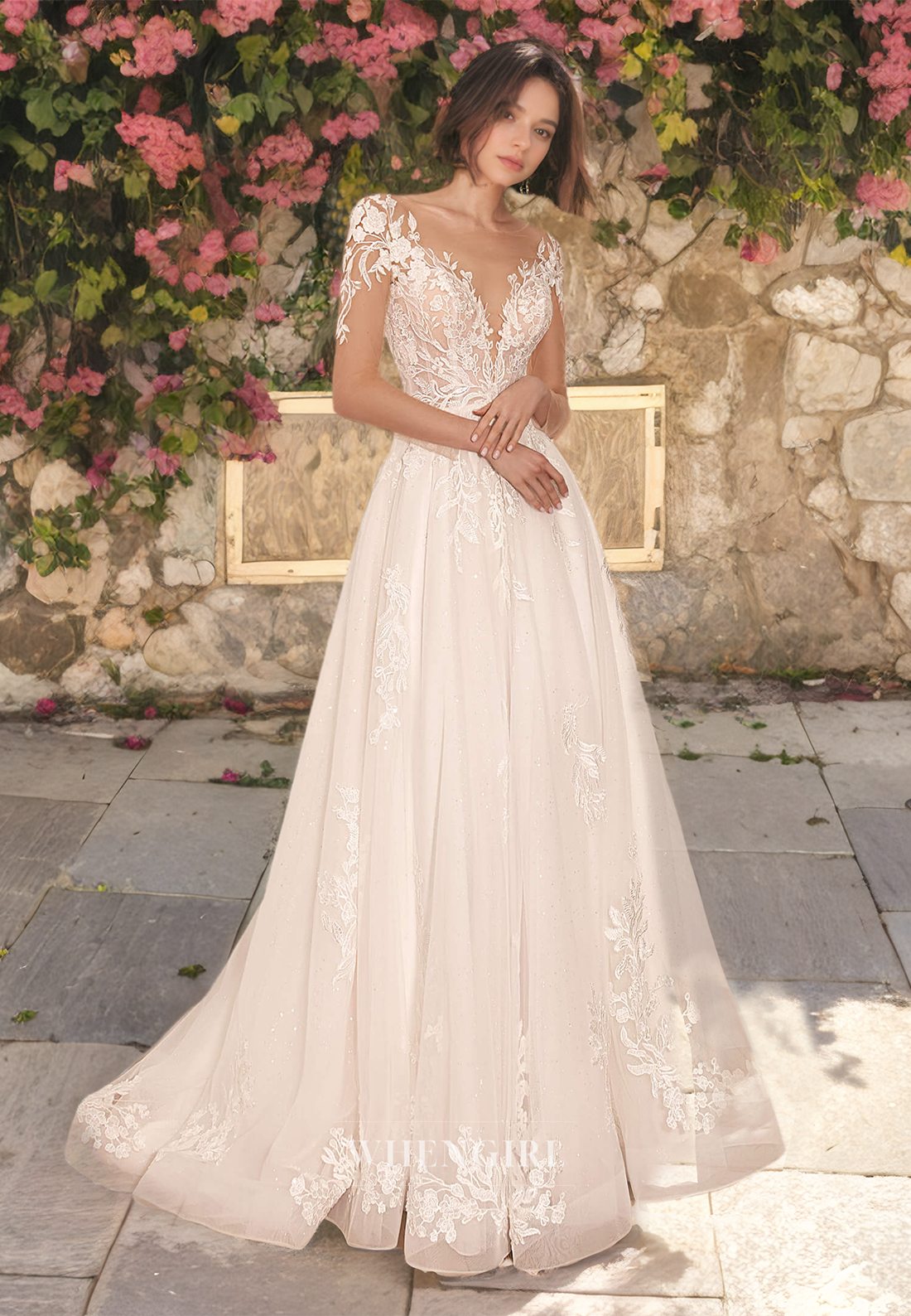 A-Line V-Neck Cap Sleeves Sweep Train Pleated Lace Wedding Dress with Appliques Bridal Dress