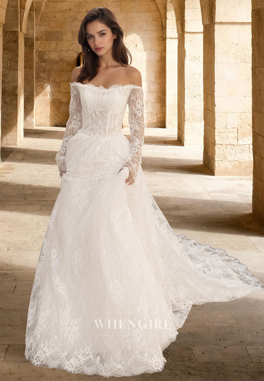 Romantic Tube Top A-Line Long Sleeves Lace Beach Wedding Dress Boho Gown with Appliques