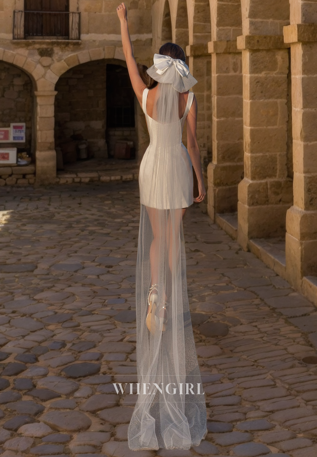 A-Line Square Strapless Sleeveless Satin Mini Wedding Dress with Veil