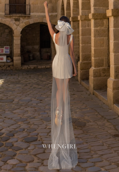 A-Line Square Strapless Sleeveless Satin Mini Wedding Dress with Veil