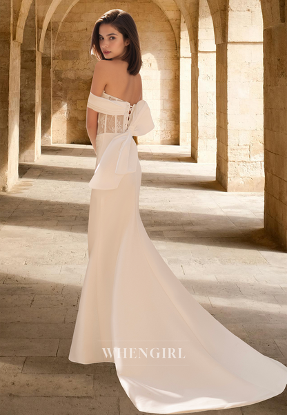 Simple Sweetheart Sleeveless High Slit Train Sheath Satin Wedding Dress Boho Gown with Appliques