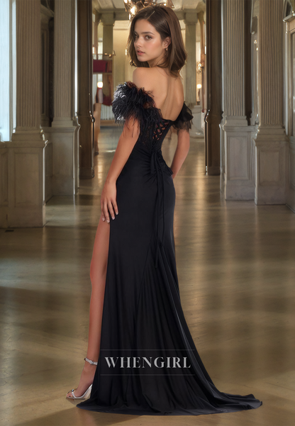 Off-Shoulder Sweetheart Sleeveless Sheath High Slit Train Appliques Satin Prom Dress with Feather Party Gown