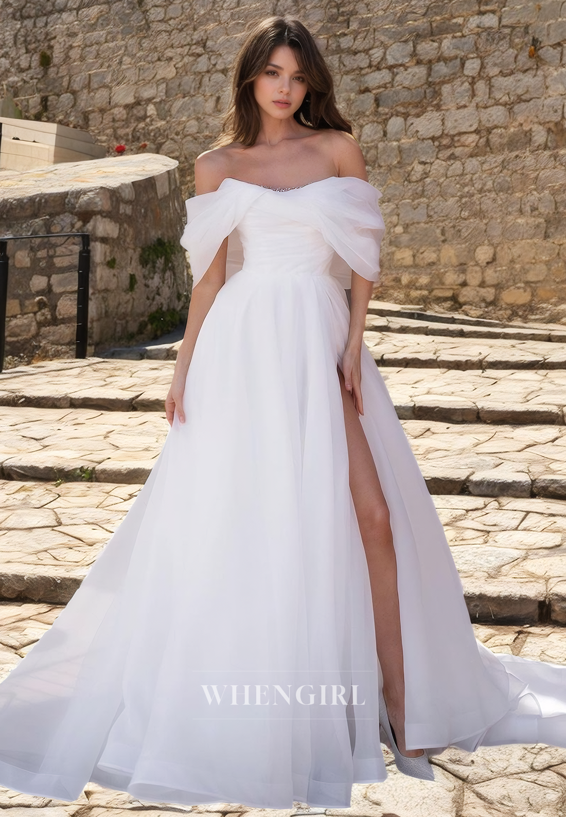 A-Line Off Shoulder Half Sleeves Pleated Wedding Dress with Slit