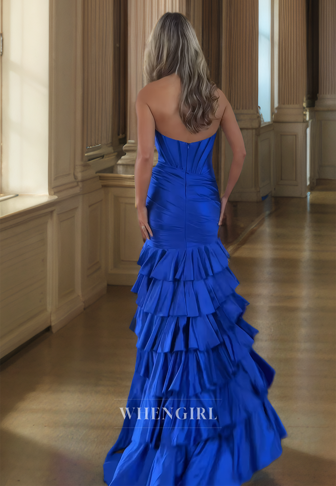 Sweetheart Mermaid Stripe Sleeveless Train Pleated Satin Prom Dress with High Split Formal Dress