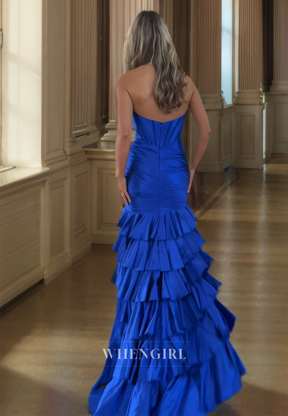 Sweetheart Mermaid Stripe Sleeveless Train Pleated Satin Prom Dress with High Split Formal Dress